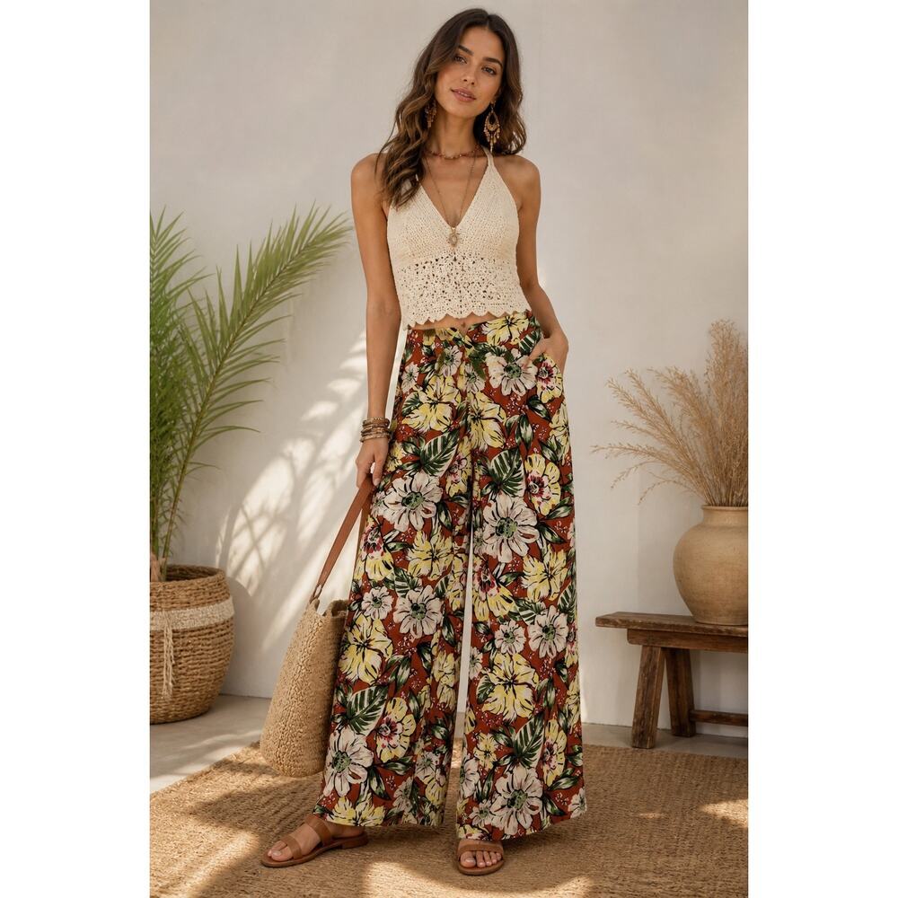 Faithfull The Brand Floral Wide Leg Pants Boho Resort Size M AS IS Zipper Repair